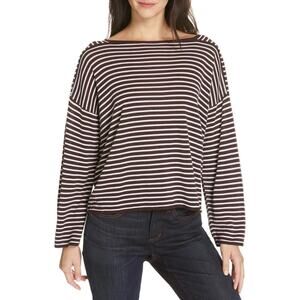 Eileen Fisher Bateau-Neck Brown White Stripe Sweater Sz M